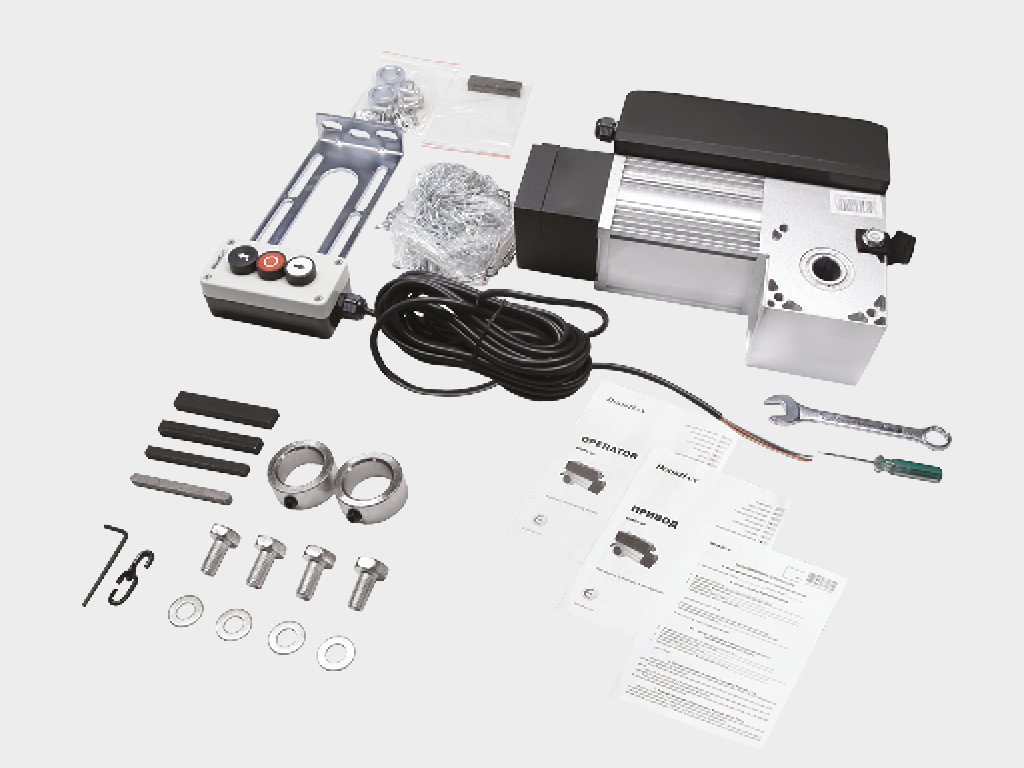 Электропривод, трехпозиционный пост управления, стопорные кольцa, крепежные элементы.